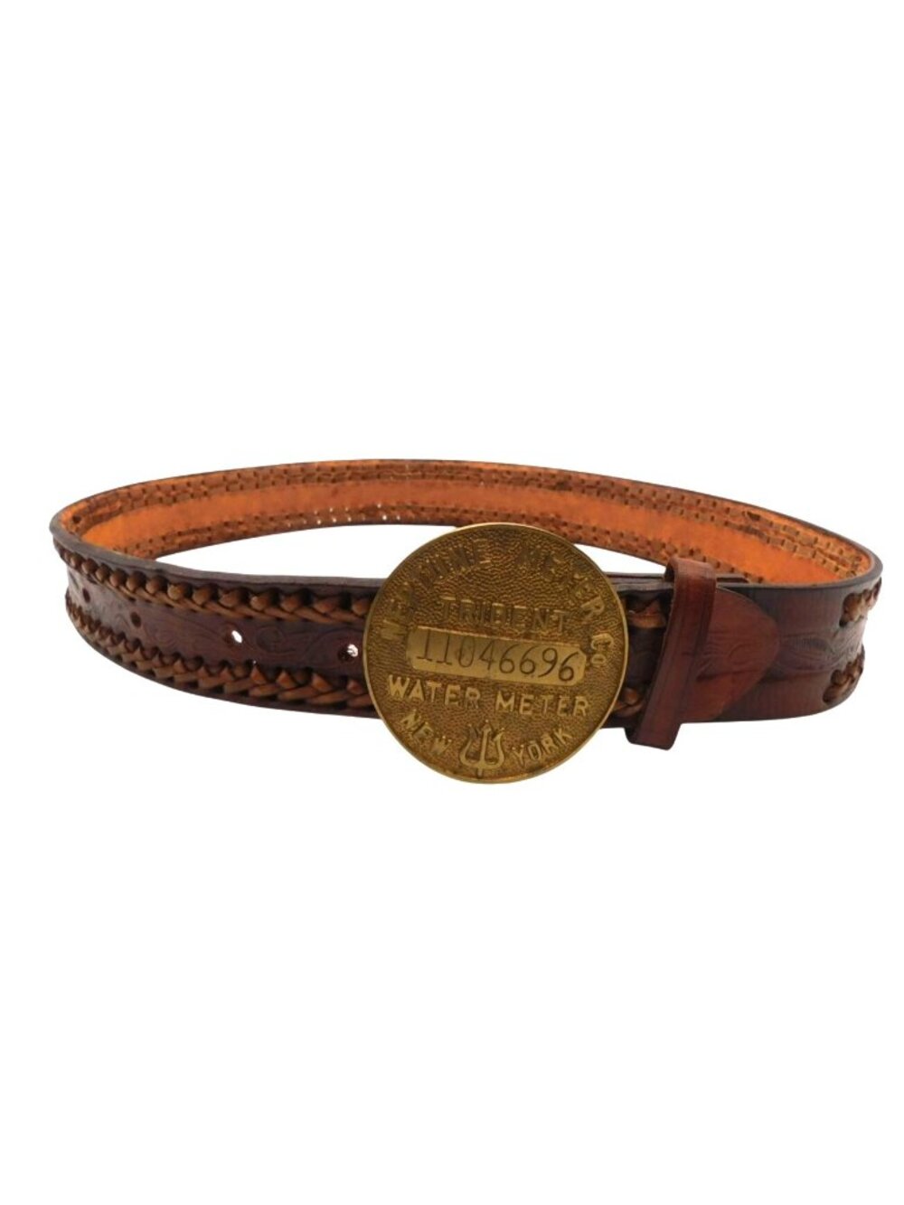 Vintage Tooled Leather Belt With Brass Neptune Meter Co. New York Buckle Size 34